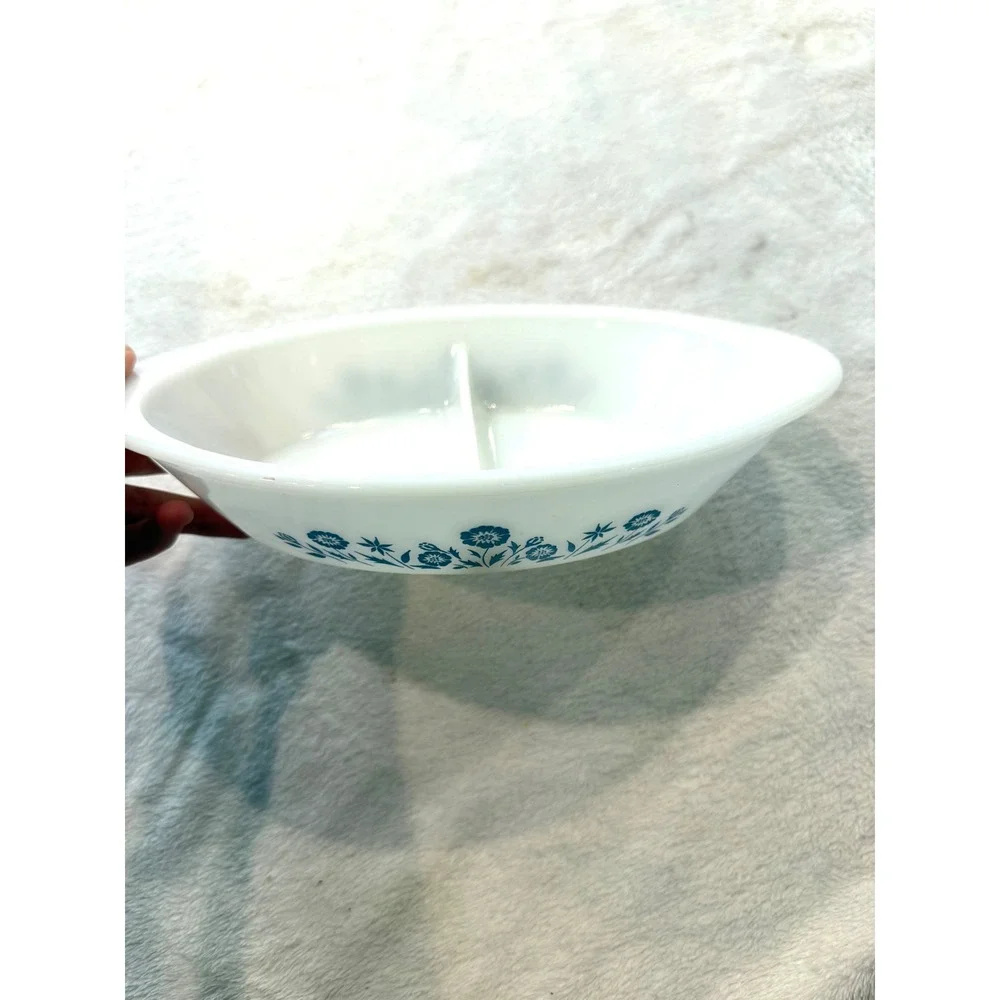 Vintage Glasbake Blue Cornflower Divided Serving Dish Milk Glass Oval 10 inch